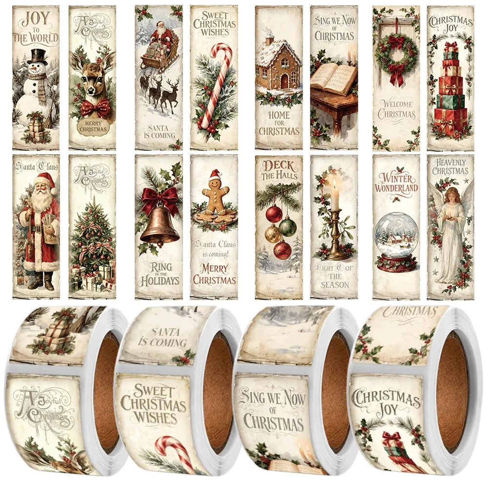 480 Retro Christmas-Themed Stickers with Four Cartoon Holiday Decoration Designs in a Long Rectangular Roll