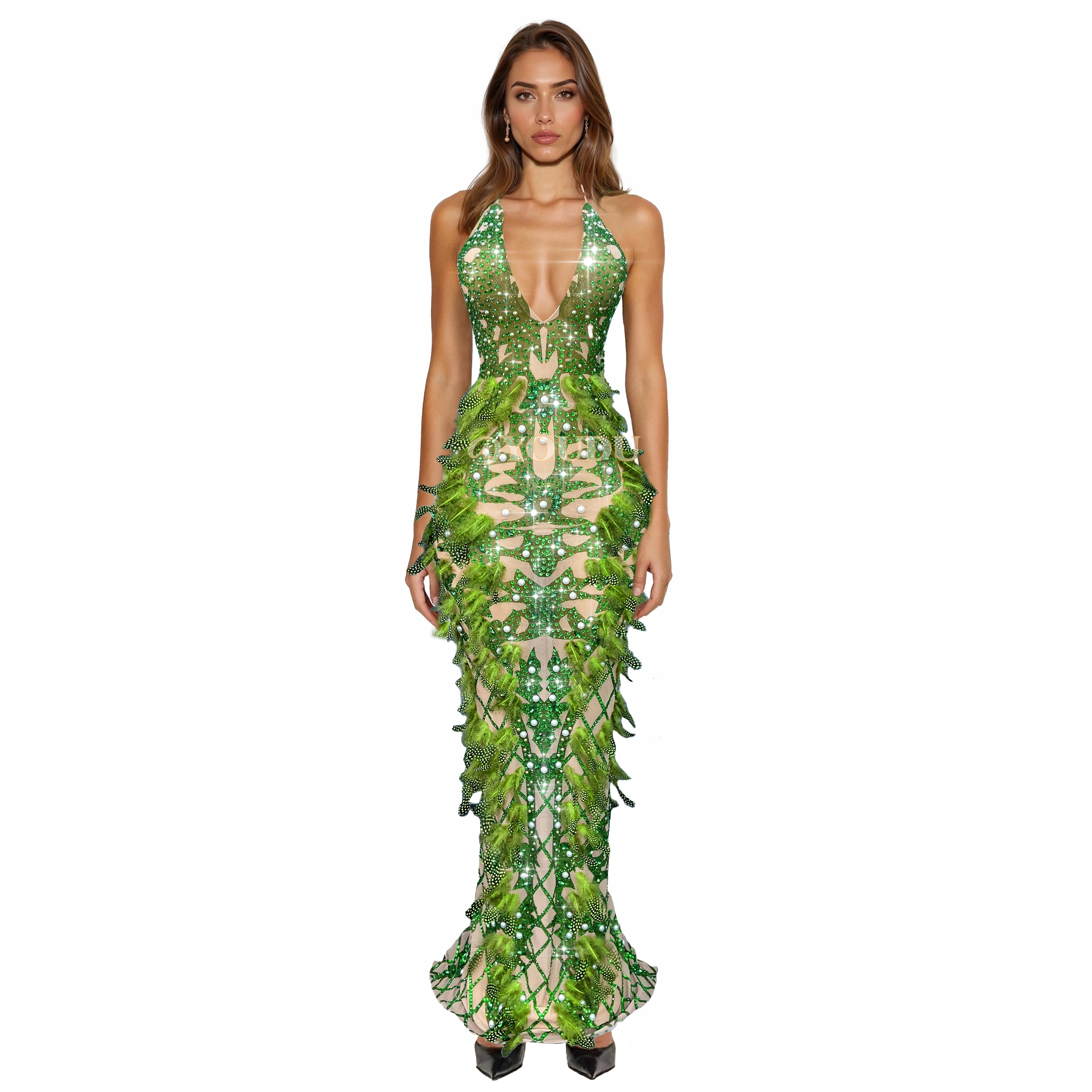 

Специальный дизайн, тяжелые стразы, перья, сексуальное платье с v-образным вырезом и открытой спиной, вечернее платье, наряд для красной ковровой дорожки Kongquewang