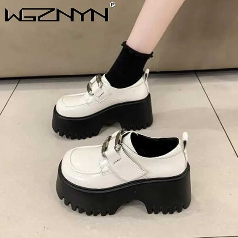 Jesień Kobiety Punk Gothic Wysoka Platforma Kliny Buty Casualowe 8CM Obcasy Wodoodporne Skórzane Buty Gruba Podeszwa Trenerzy Kobiety Trampki