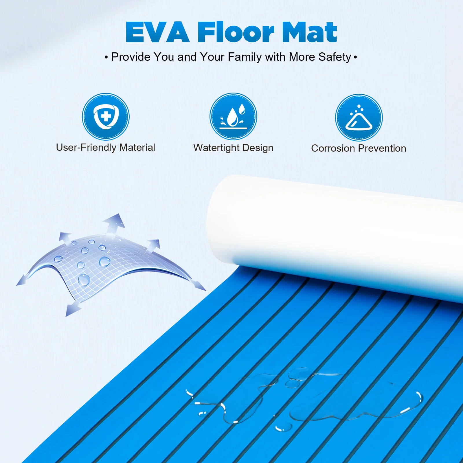 

Blue Non-Slip EVA Foam Teak Floor Mat W/ Stripe, 240x90cm Bathroom Rug, Waterproof Anti-Skid Shower Mat, Soft Cushioned Decking