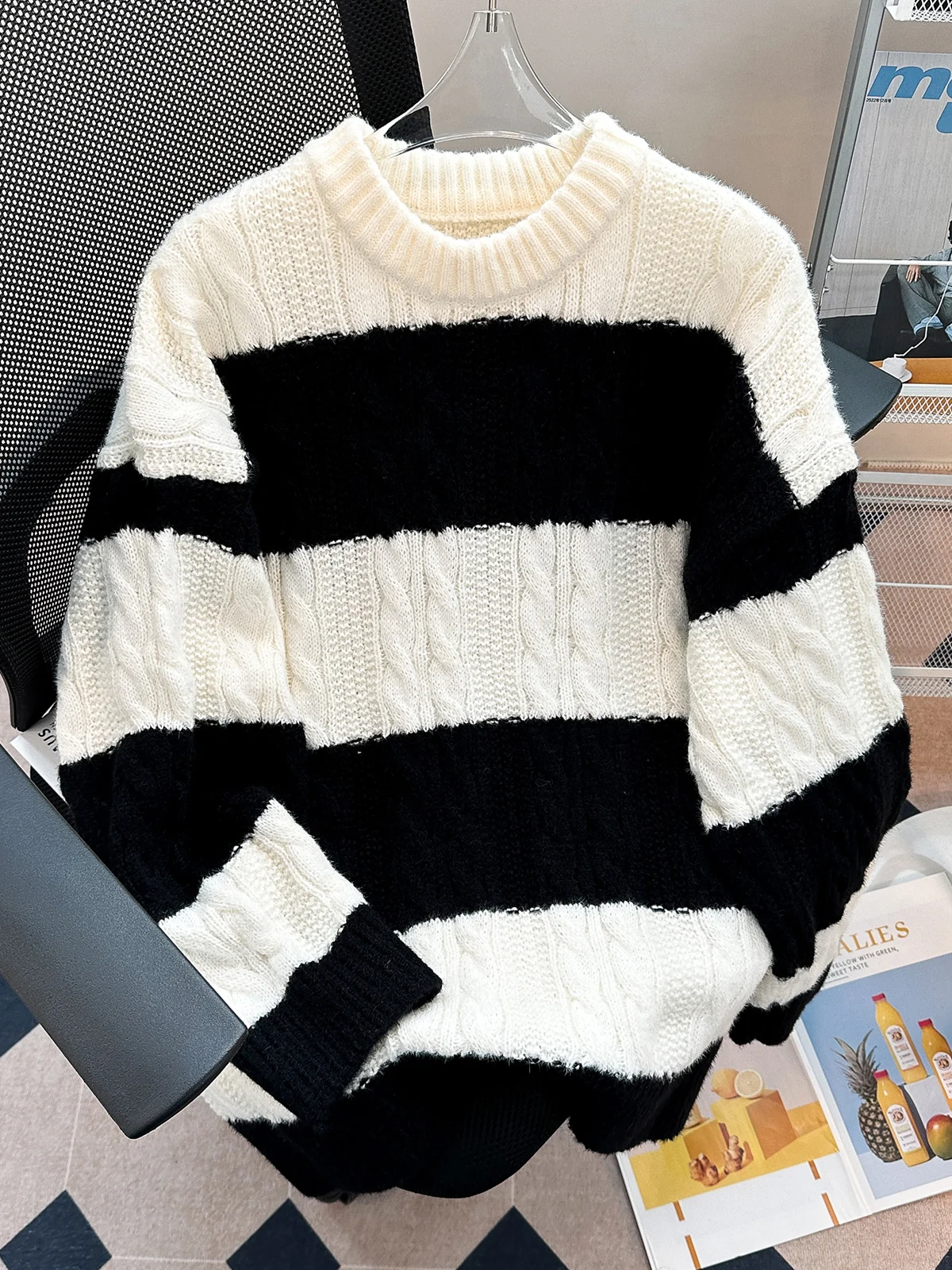 

Thiened Autumn Winter Stripe Splicing Color Men's round Ne Knitted Sweater Casual Vintage Hong Kong Sle Knitwear