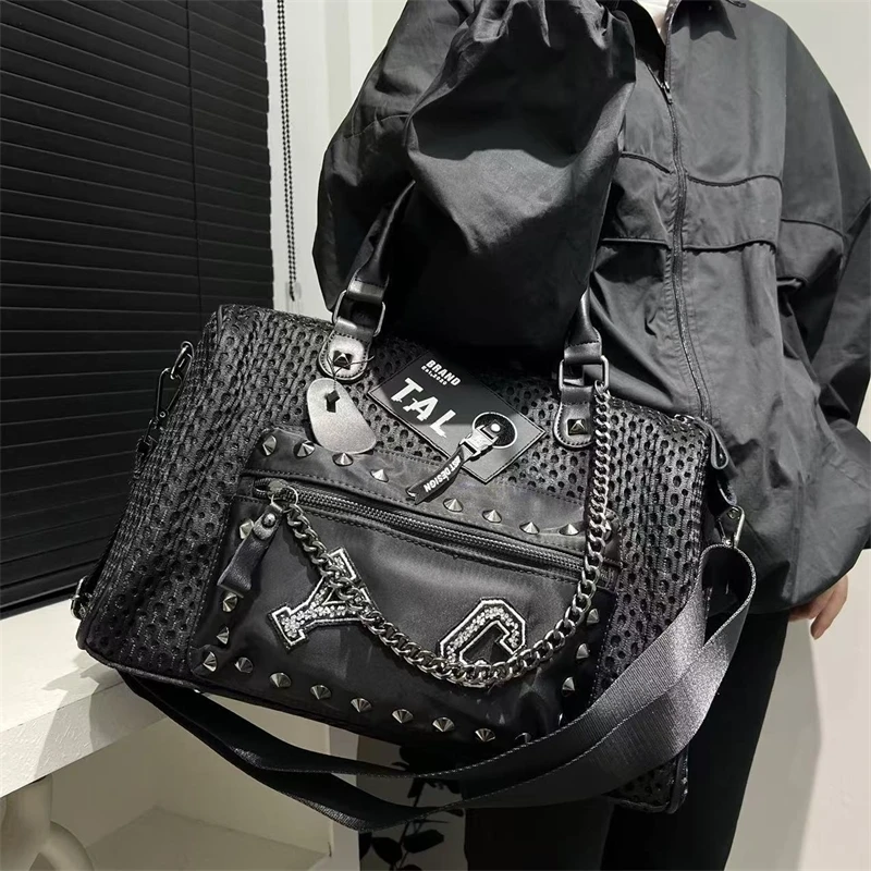 

Y2K Punk Mesh Handbag For Women – Retro Rivet Shoulder Bag With Chain Detail & Front Pocket, Stylish Streetwear Accessory