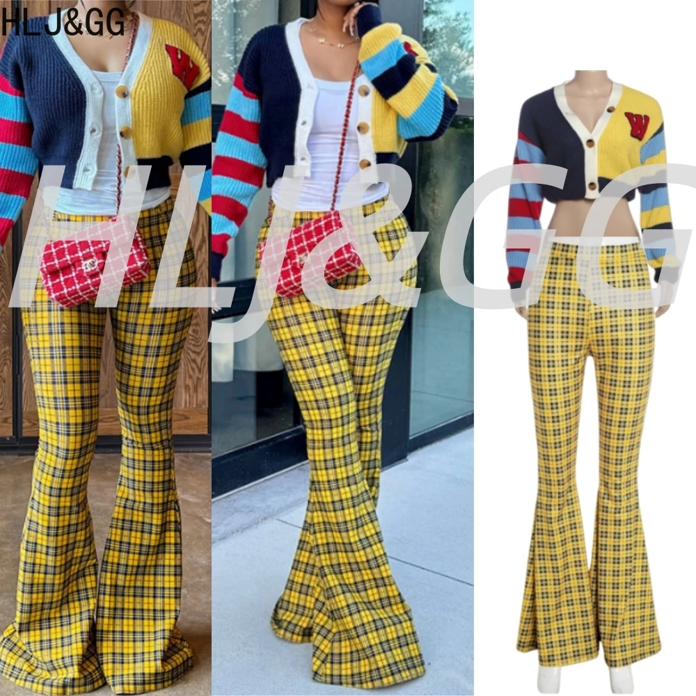 

HLJ&GG Fashion Colorful Stripe Stitching Knit Sweater Sets Women V Neck Long Sleeve Crop Top And Plaid Flare Pants Streetwear