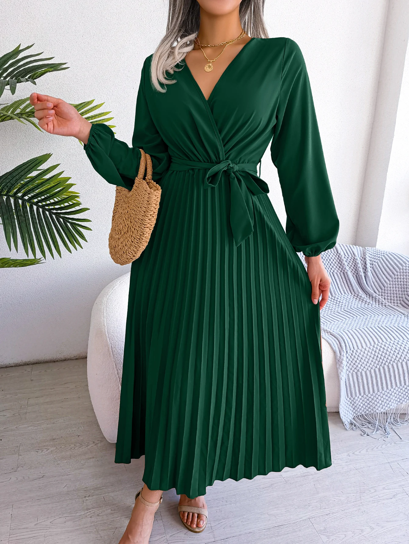 New Elegant Surplice Neck Waist Belt Long Sleeve Solid Pleated Maxi Dress For Women