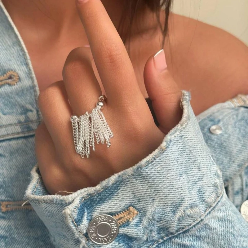 Unique Stainless Steel Delicate Gold And Silver Color Chain Fringe Ring ​Women High Quality Stylish Jewelry Adjustable Size Ring