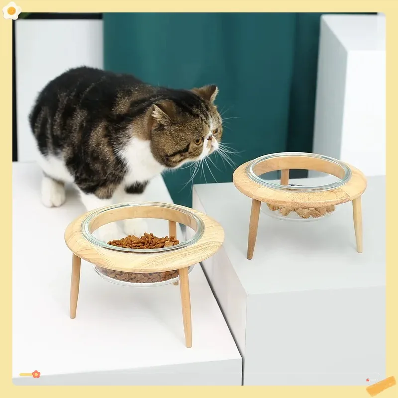 

Glass Cat Bowl High Foot Protection Cervical Spine Cat Food Dog Cat Basin Drinking Bowl Pet Ceramic Bowl Solid Wood Shelf