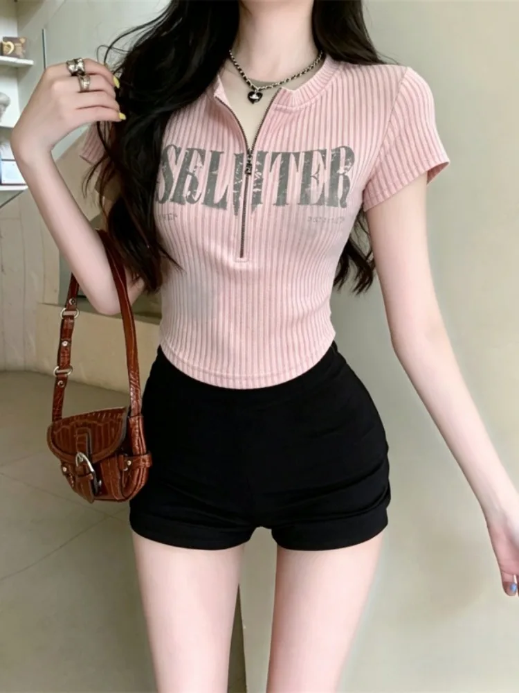 

Slim Fit Zipper Collar Short Sleeve T-Shirt Women Summer Skin-friendly Breathable Printed Casual Versatile Fashion Top
