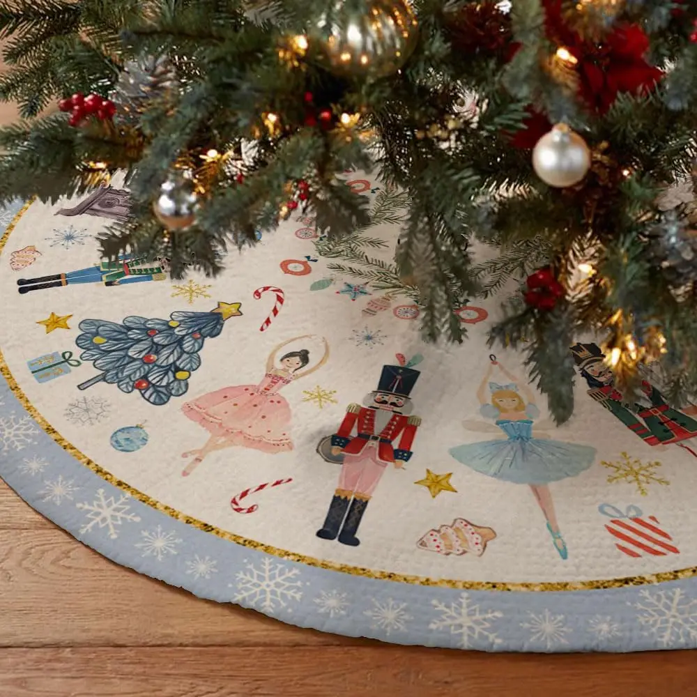 Christmas Tree Skirt Collar 48 Inch Nutcracker Snowflakes Xmas Trees Soft Farmhouse Holiday Decoration (Blue & Wh