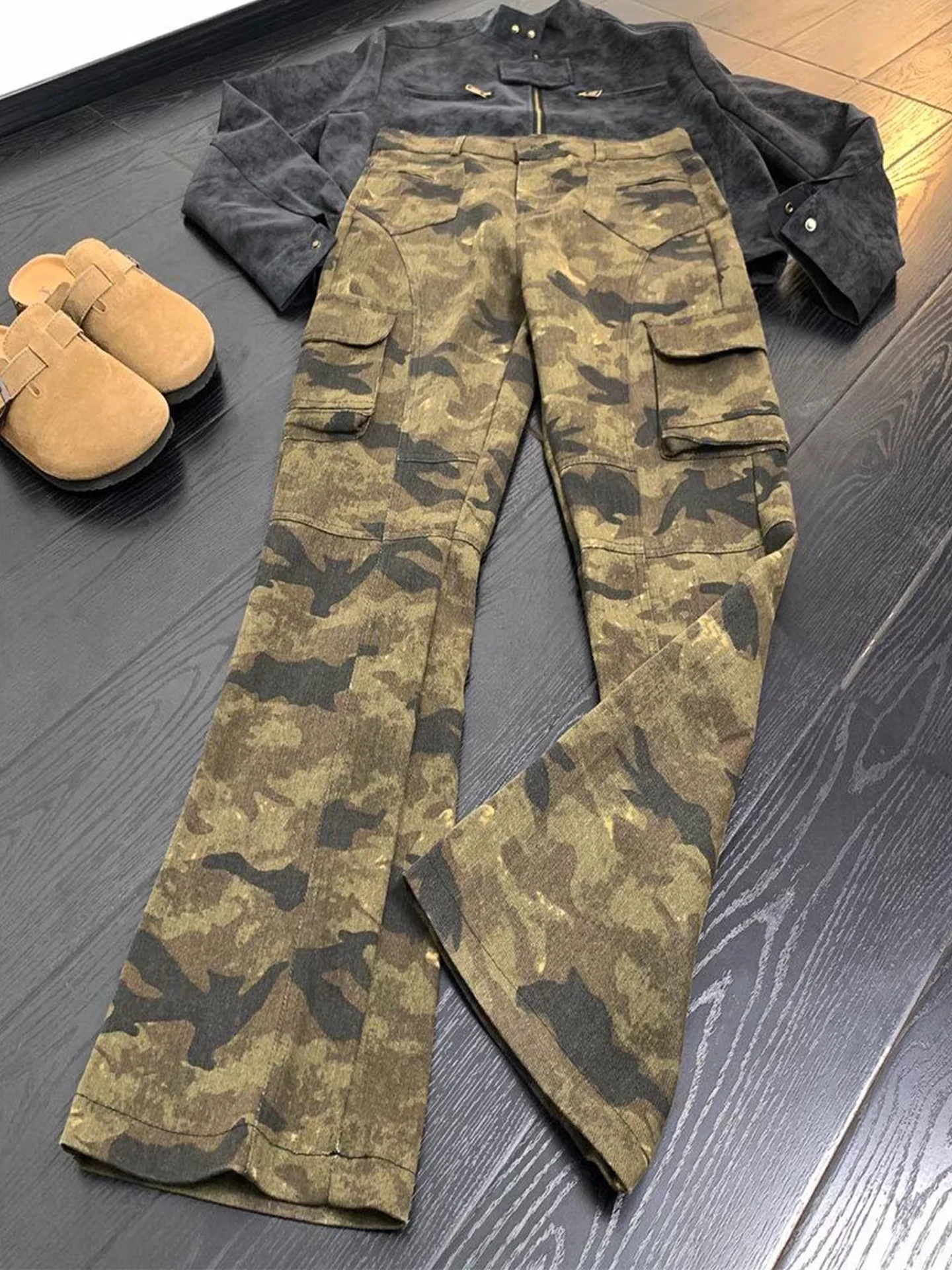 

American Camouflage Slim Straight Jeans Multi-ket Workwear Jeans Men Women Spring High Waist mid Rise Bootcut Denim Pants