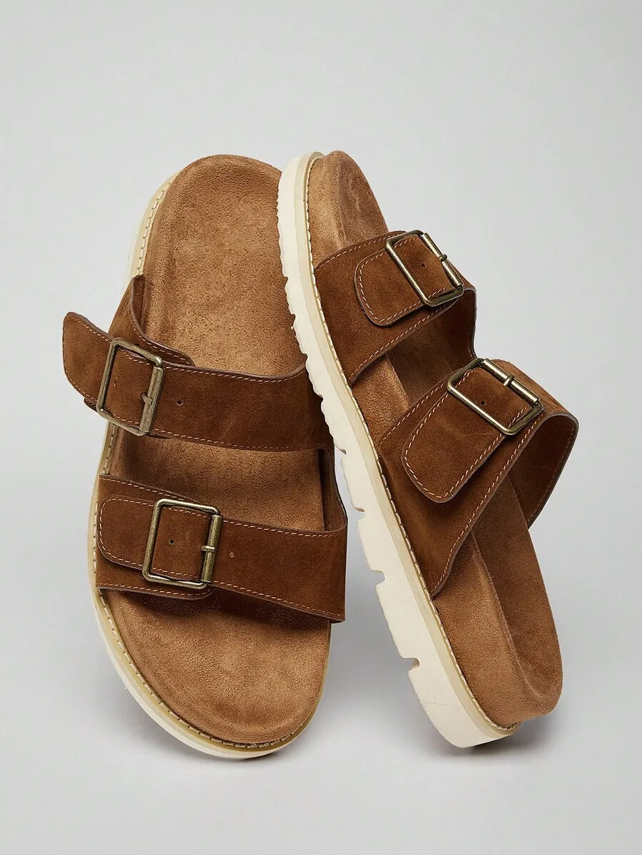 

Men's Slip-On Double Buckled Sandals, Adjustable Strap Comfort Casual Footwear Daily Essential Outdoor Wear