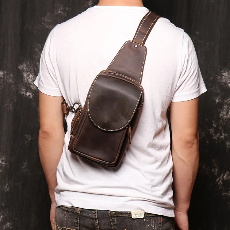 New Crazy Horse Leather Chest Bag - Men's Vintage Cowhide Crossbody Sling, Lightweight Breathable Shoulder Pack