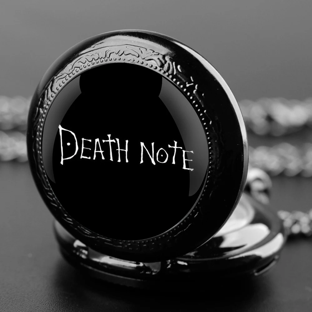 Death Note Design Black Quartz Pocket Watch Gift Set with Durable Chain and Arabic Numeral Face Timeless Present for Boy