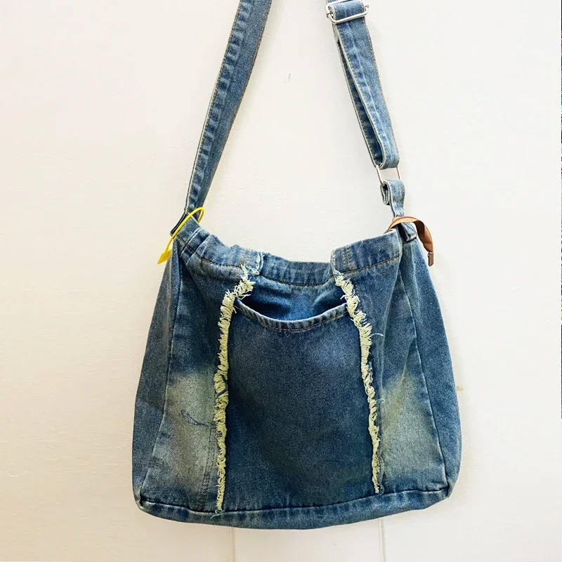 Japan Style Messenger Bags For Women Luxury Designer Handbags And Purse 2024 New In Denim Wooden Beads Stitching Tassel Shoulder