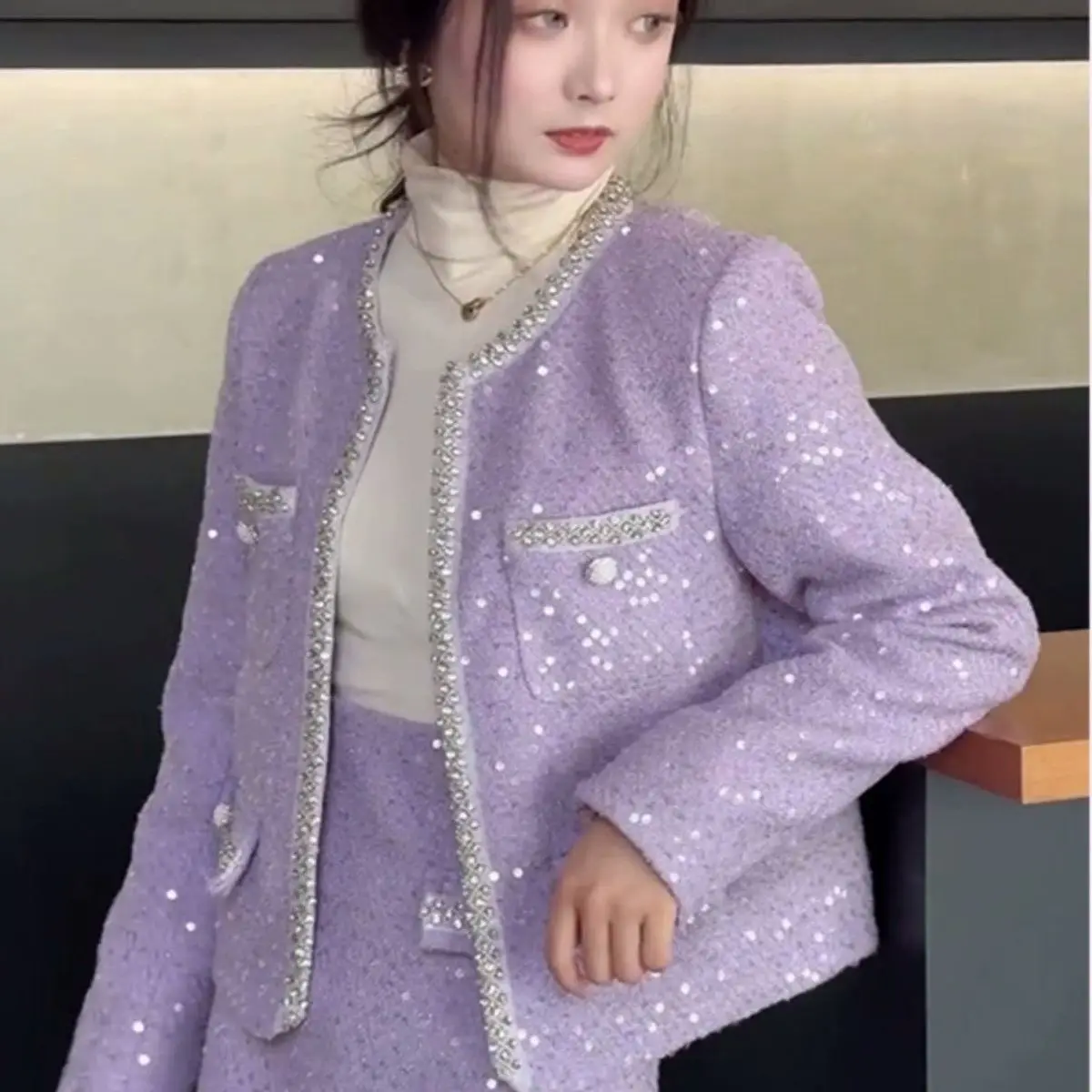 

Luxury Purple Sequined Blazers Coat Autumn OL Beading Suit Jacket Rhinestones Cardigan Tops + Half A-Line Sequins Skirt 2pcs Set