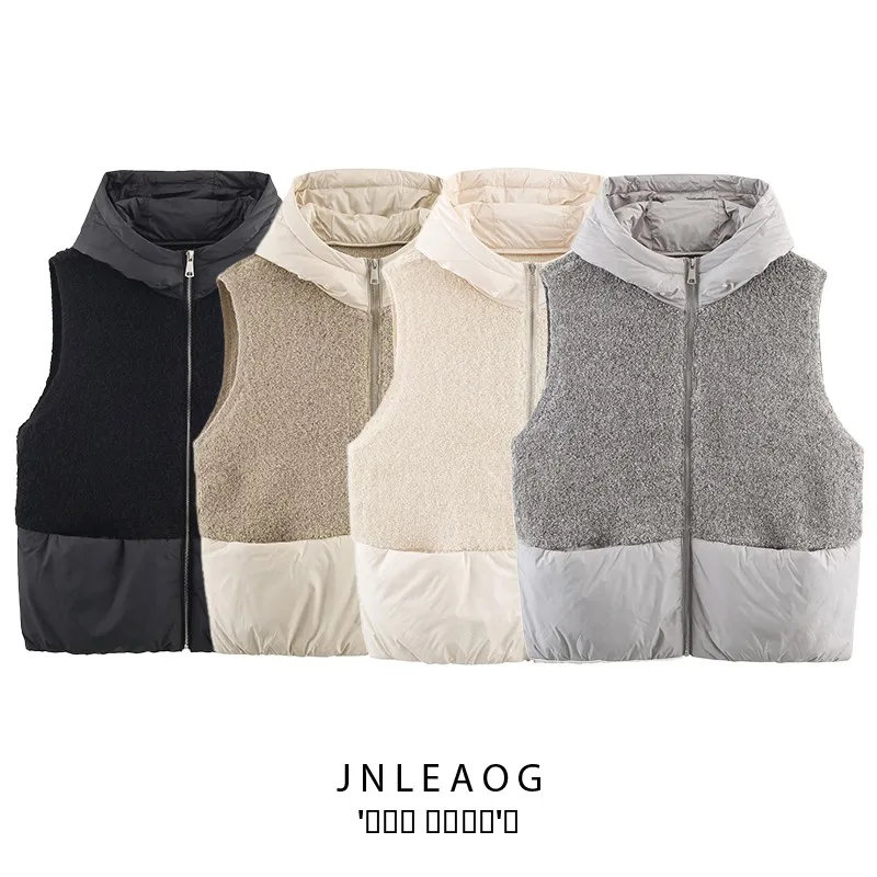 

JNLEAOG Autumn New Women's Knitted Towel Needle Cotton Quilted Hooded Zipper Svel Knitted Vest Faion Commute Sle