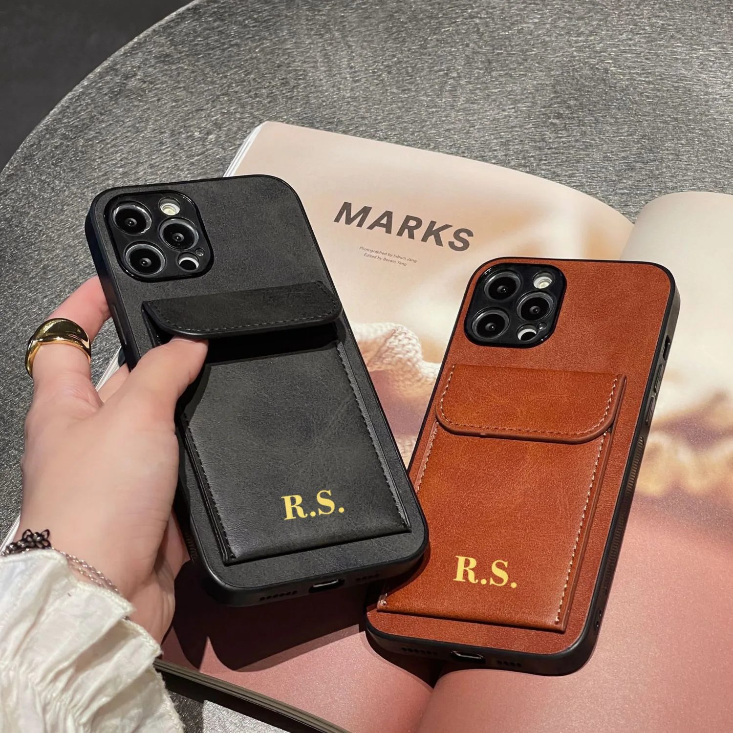 Custom Initial Name Pebble Card Holder Leather Phone Case For iPhone 14 Pro Max 13 12 11 Pro Max 7 8 Plus New Mobile Phone Cover