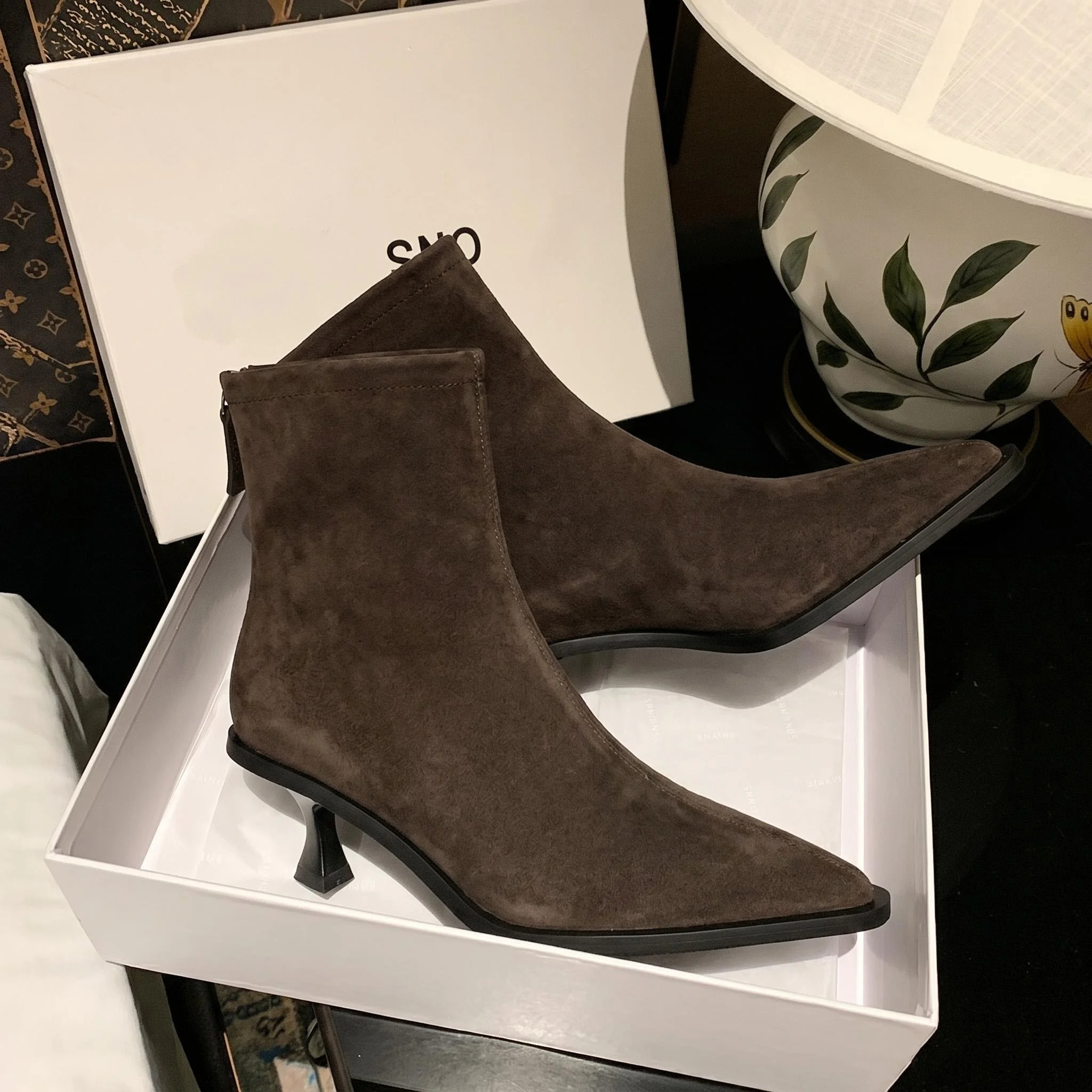 Women's Suede Winter Ankle Boots with Pointed Toe and Zip