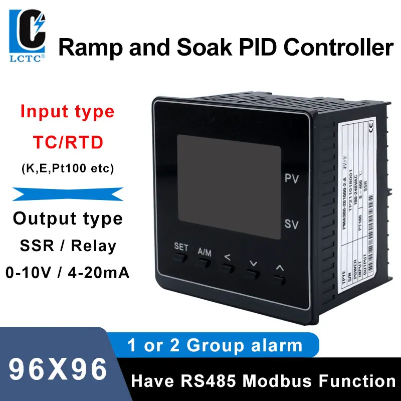 

LCTC Programmable PID Temperature Controller 4-20mA SSR Relay 0-10V Output TC/RTD Input Ramp Soak LCD Intelligent 96*96 PMA900