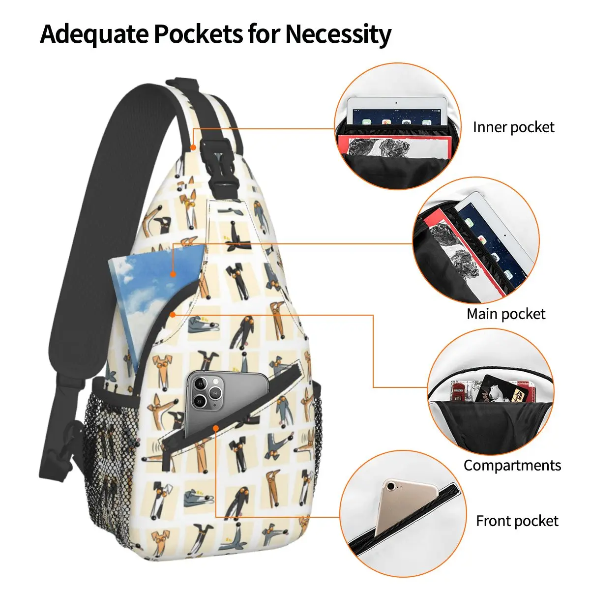 Heads Up Cream Greyhound Sling Bag Chest Crossbody Shoulder Sling Backpack Travel Hiking Daypacks Animal Dog Fashion Bookbag