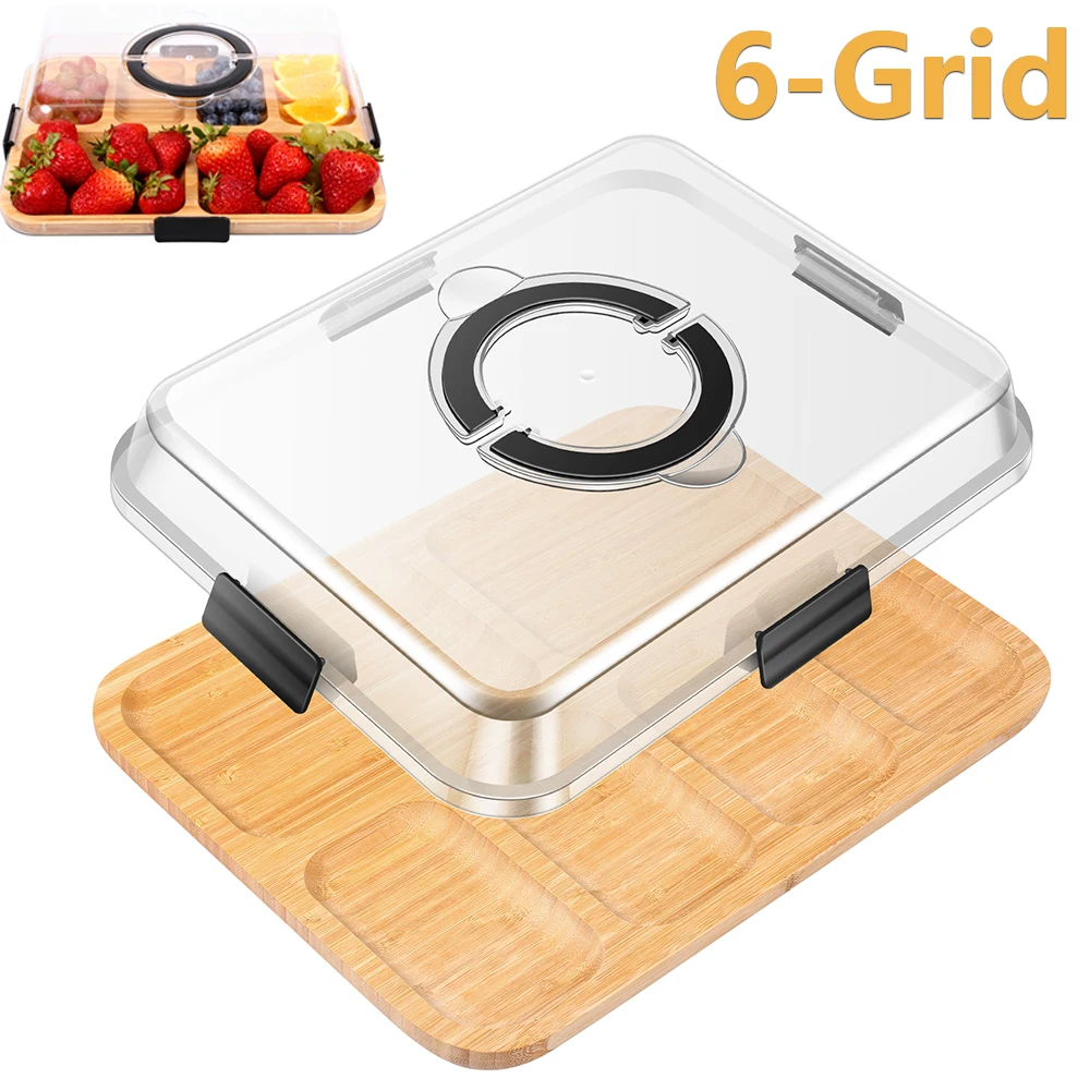 Bandeja para servir carne y fruta de 6 rejillas, plato de charcutería de bambú con tapa transparente, bandeja dividida para comida, accesorios de cocina para acampar