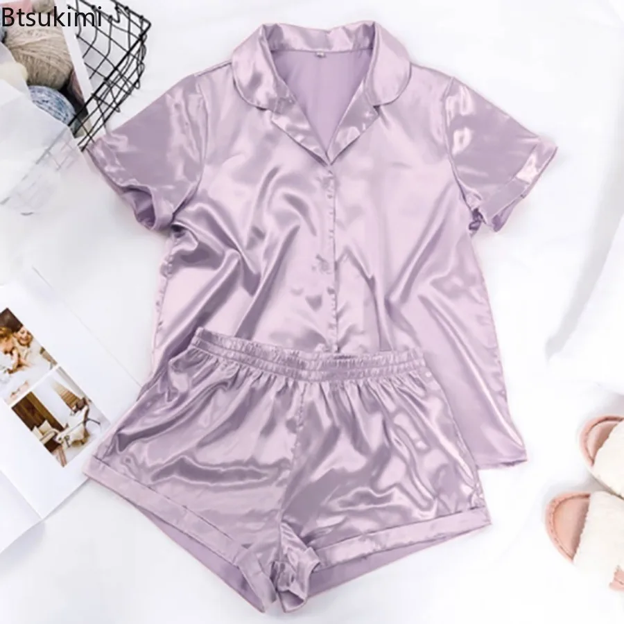 Solid Color Satin Pajamas with Shorts Sleepwear Suit Silk Pyjama for Women Short Sleeve Casual Pajama Sets Women Summer Homewear