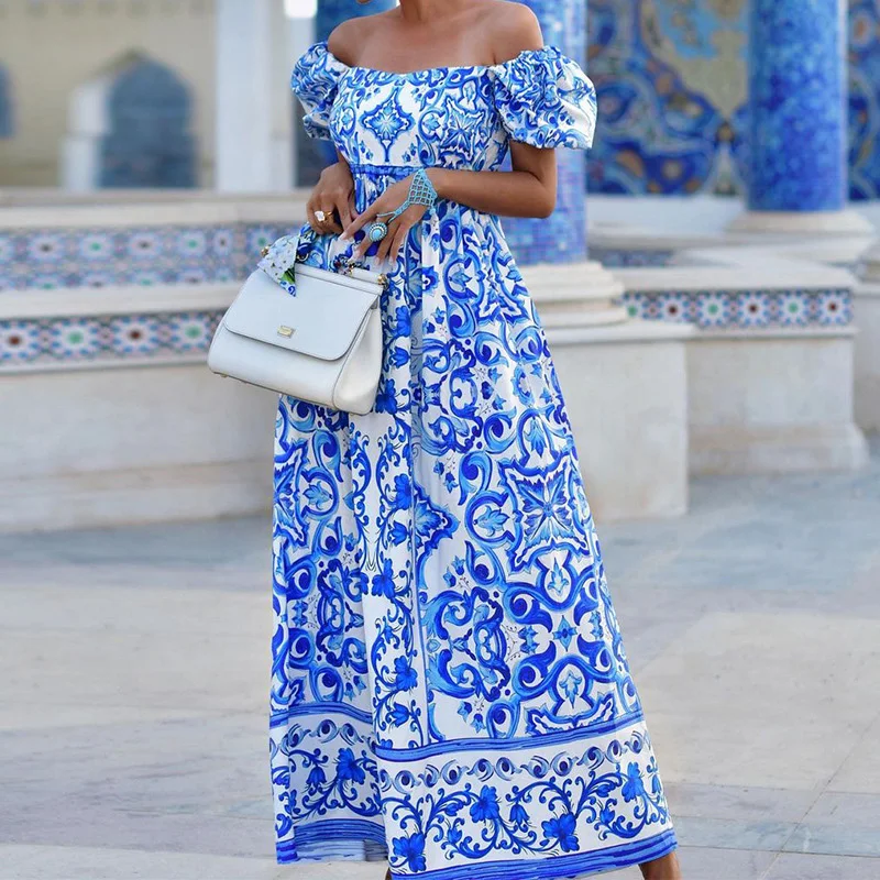 Vestido de noche plisado con espalda descubierta y cintura estampada de verano, vestidos largos bohemios para mujer, vestido largo elegante de