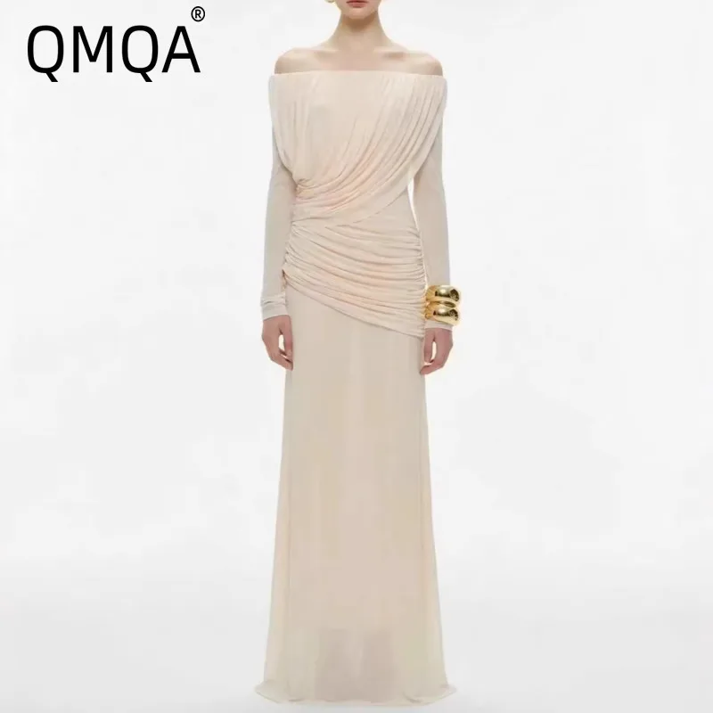 QMQA Fashion Women's Elegant Knitted Strapless Dresses Off-shoulder Long-sleeve Pleated Slimming Formal Dress 2026 Spring QM1181