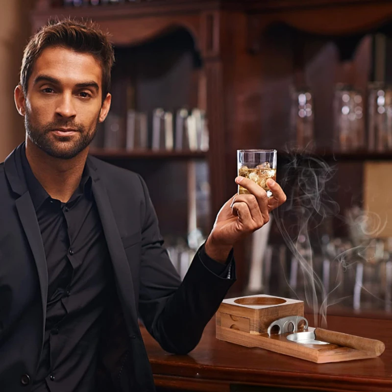 

Solid Wood Cigar Ashtray with Cigar Drawer & Whiskey Cup Holder Tray, All-in-One Cigar Box for Premium Accessories Storage