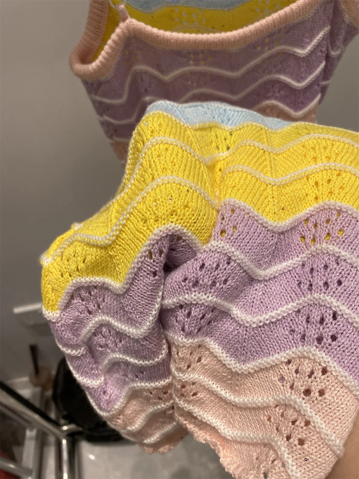 Women Crochet Colorful Bodycon Knit Dress Sleeveless Rainbow Stripe Knit Dress with Floral Shoulder Detail