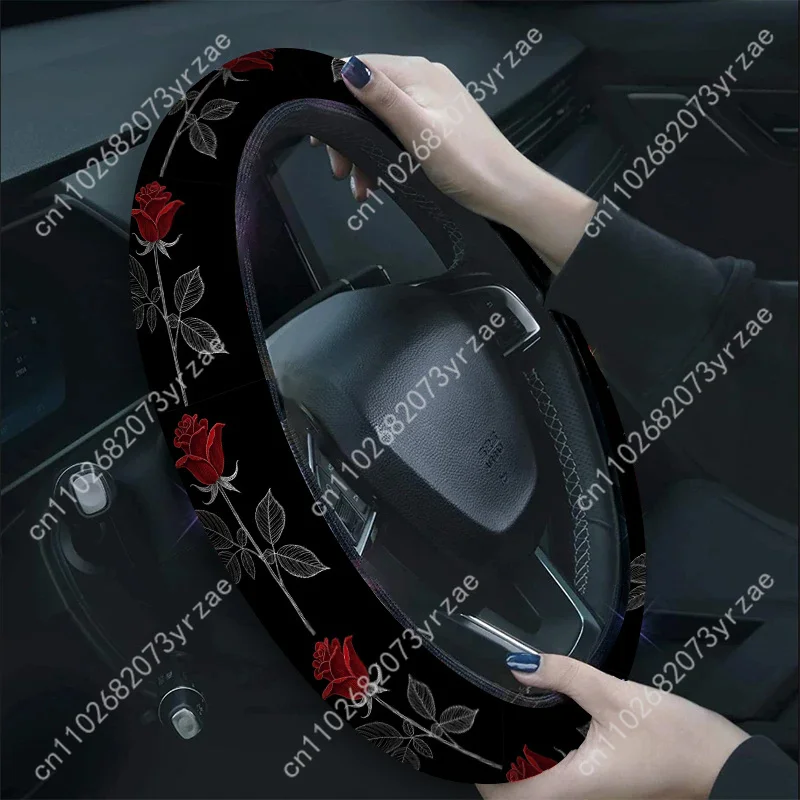 

Red Rose Car Steering Wheels Cover Universal Type Environmental Friendly Comfortablenon-slip Breathable Steering Wheel Wrap