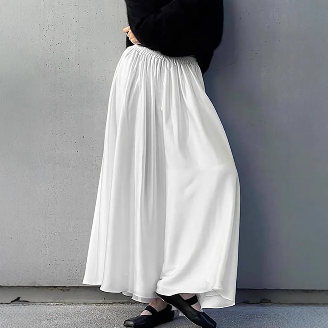 

Elegant White Satin Satin Dress Autumn And Winter Pleated A-shaped Big Swing Skirt High Waist Skirt Women's Clothing