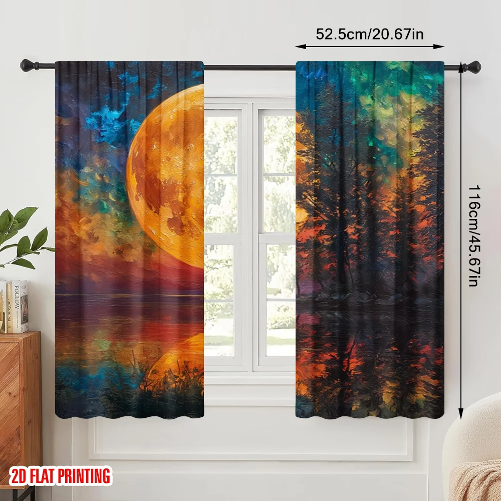 2pcs,2D plane printing Popular Curtains Moonlit Canvas Durable 100% Polyester Fabric (without rod) Decorations Inside Use for