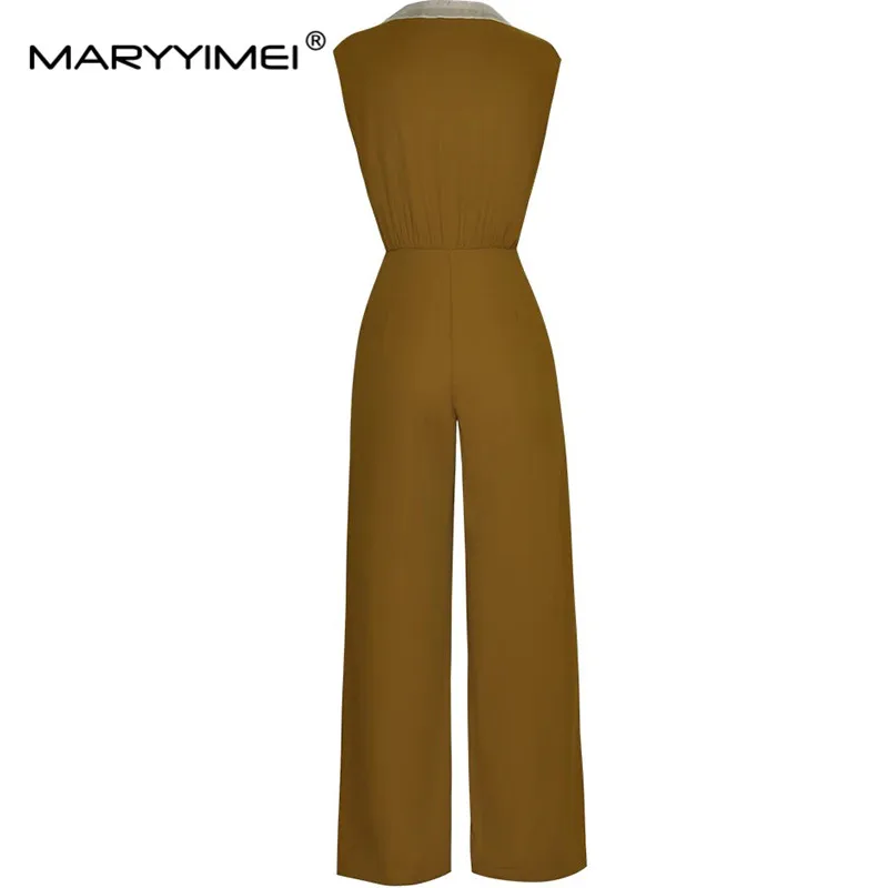 MARYYIMEI Spring Summer Women's Turn-Down Collar Sleeveless High Waiste Solid Color Commuter Jumpsuit