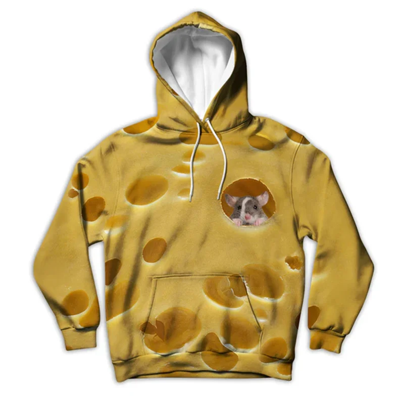 Sweat à capuche imprimé graphique jaune souris pour hommes, manteau à capuche, vêtements pour hommes, saucisse complète, pizza, fromage mignon, nourriture, mode amusante