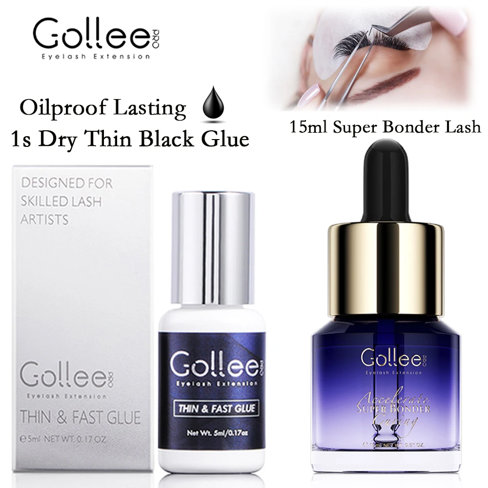 

Gollee Thin and Fast Glue 1s Dry No Stimulate Eyelash Extension Glue For Individual Lash 3D w Lash Bonder Accelerator Fast Dry