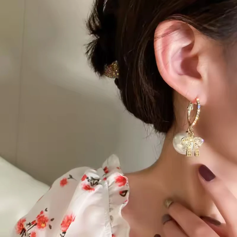 Sparkling Inlaid Zircon Bow Earrings, Red Imitation Pearl Earrings, Jewelry Gifts for Women New Year's and Christmas Parties image 3