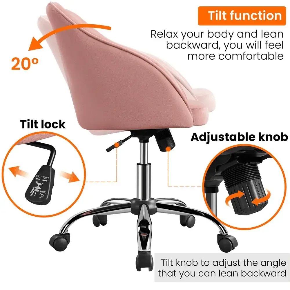 Adjustable Velvet Swivel Office Chair Pink 360-Degree Rotation Comfortable Armrests Heavy Duty Base Desk Chair Ideal Home Office