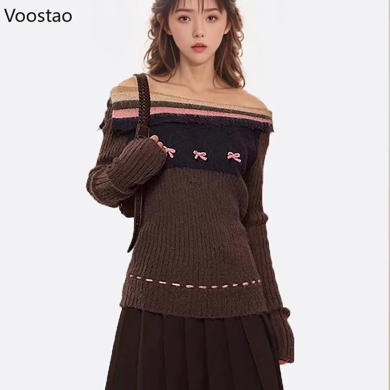 Autumn Winter Y2k Aesthetic Knitted Pullovers Women Elegant Striped Slash Neck Bow Sweaters Fashion Female Vintage Knitwear Tops