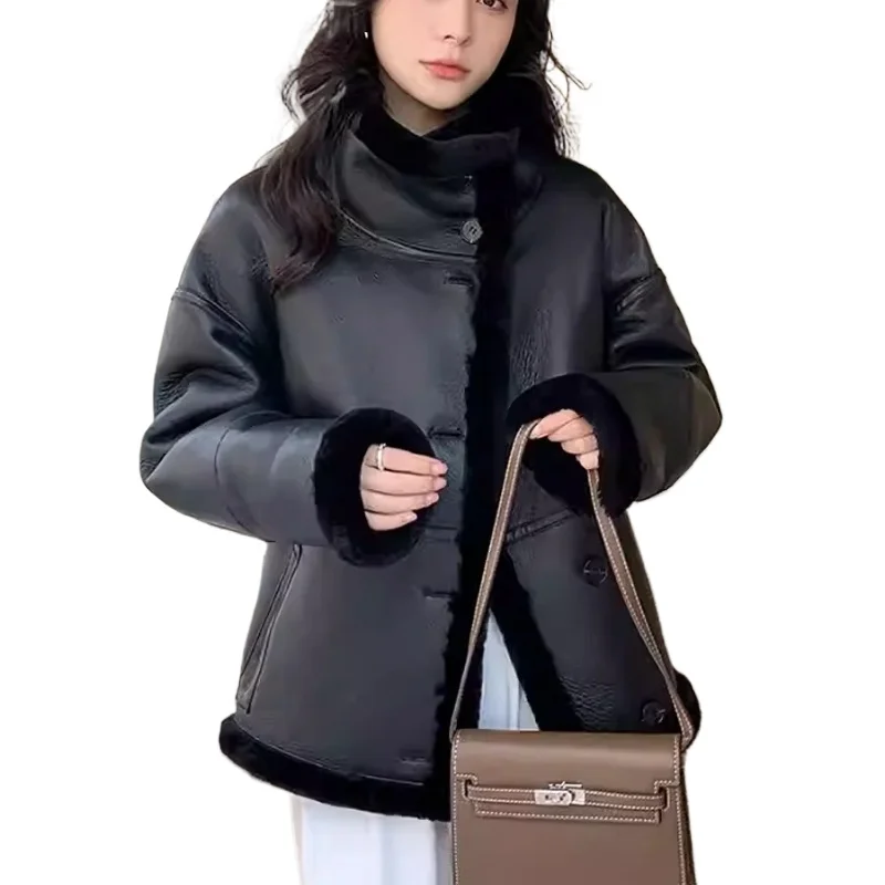 100% Natural Merino Wool Sheepskin Double Faced Fur Jacket Woman Black Biker Real Fur Coat Women Winter Clothes 2025 Fourrure