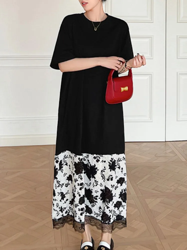 Zomer Big Size Kant Gesplitst Mid Body T-shirt Vrouwen Jurk Nieuwe O-hals Korte Mouw Mode Dames Jurken Tij Vestidos