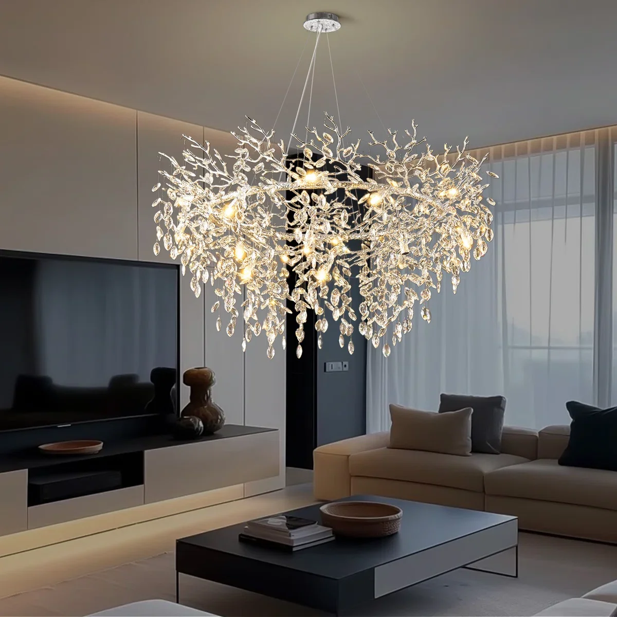 

Round Living Room Crystal Chandeliers Chrome Crystal Branch Pendant Light For Bedroom Dining Room Ceiling Crystal Chandeliers