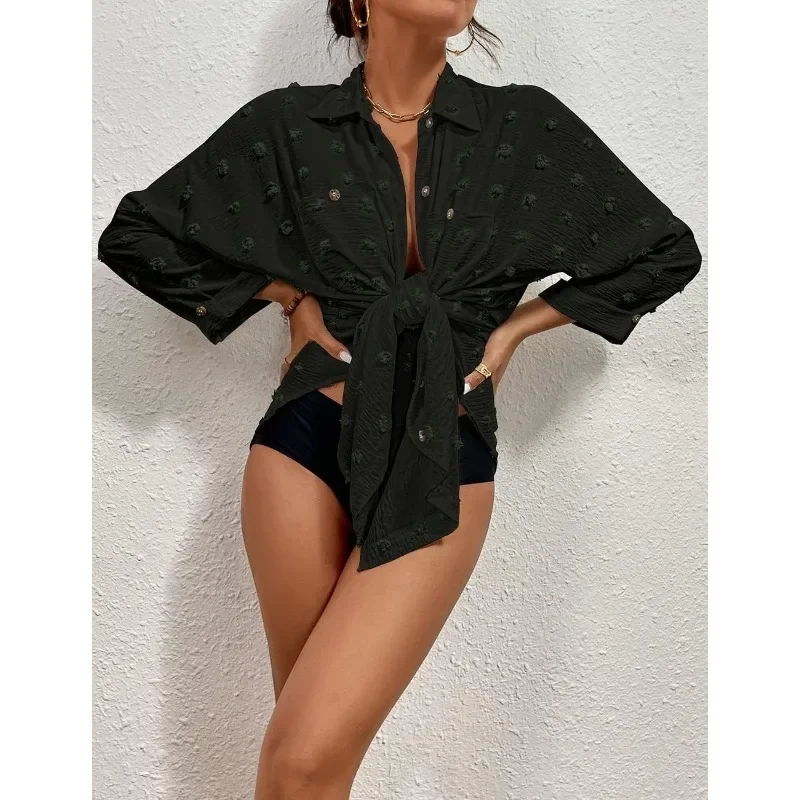 여성용 수영복 커버업 솔리드 자카드 싱글 브레스티드 턴다운 칼라 비키니 커버업 2025 신상 휴가 여성 비치 드레스