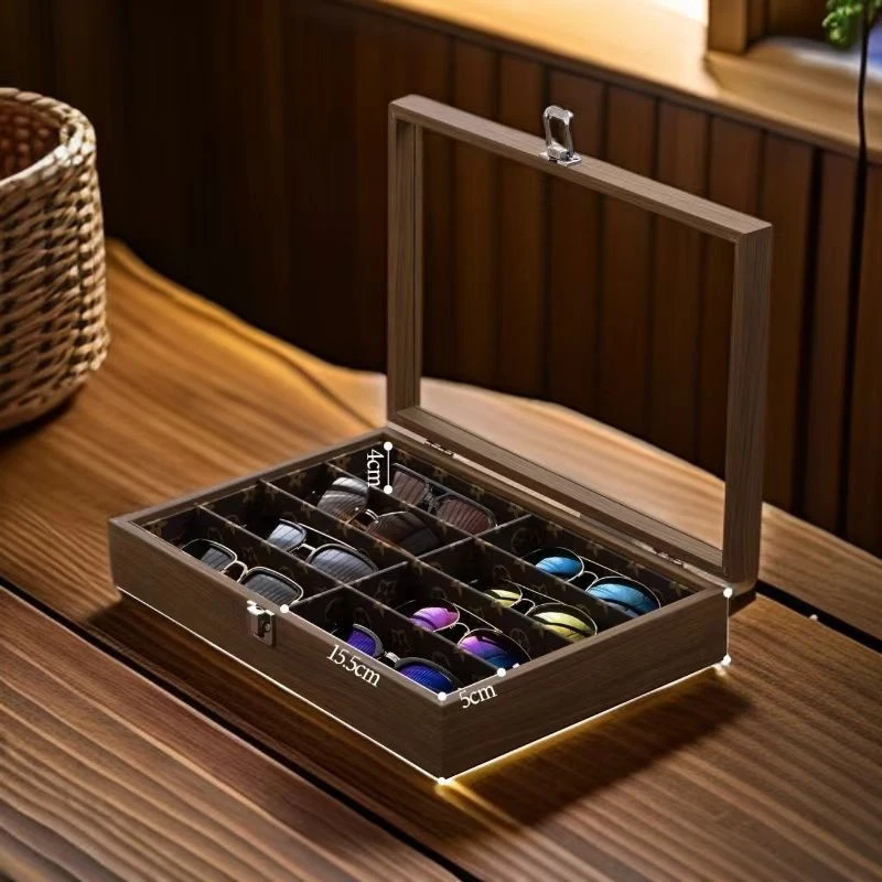 

New High-End Walnut Pattern Wood Texture Eyewear Storage Box 8 Slots Sunglasses Display Case Watch Box Flip Cover Style Luxury