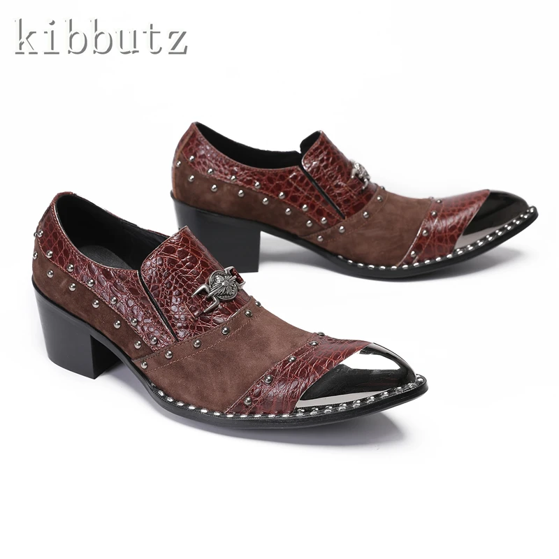 

Luxury Formal Men Dress Shoes Genuine Leather Metal Buckle Rivets High Heels Shoes Business Casual Party Gentleman Shoes