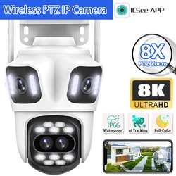 360° 16MP 8K Outdoor Wireless Surveillance Camera WIFI Security Camera Four Lens Three Screens PTZ 8X Zoom iCSee Smart CCTV P2P