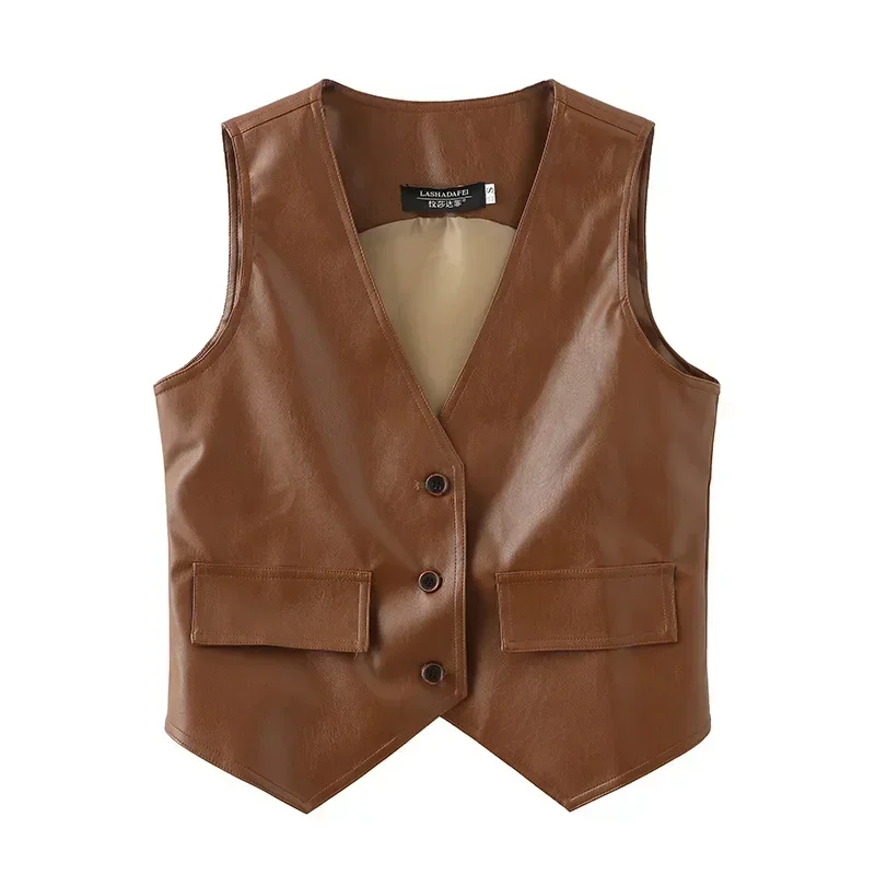 PU Leather Women Suit 1 Piece Short Vest Waistcoat Formal Office Lady Business Work Wear Fashion Girl Brown Sleeveless Coat