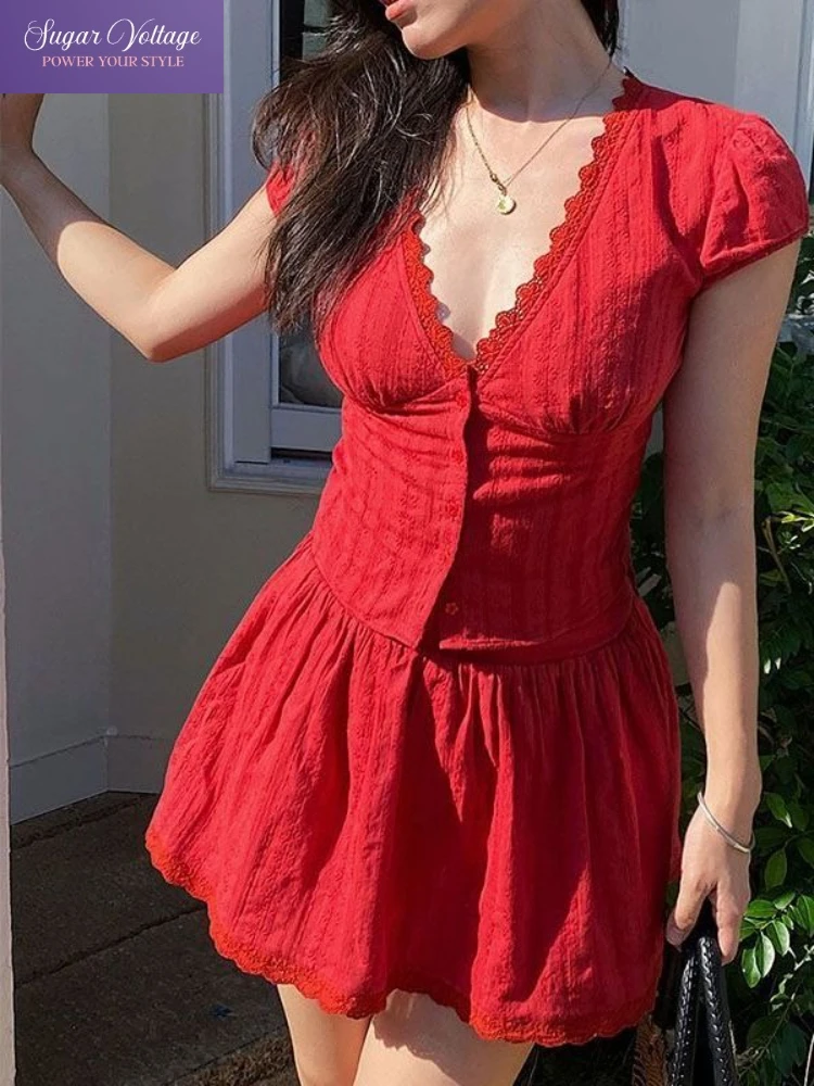 

Винтажный кружевной комплект из двух предметов, женский летний оранжевый топ и юбка во французском стиле с V-образным вырезом и рюшами на талии, элегантный сексуальный наряд для отпуска