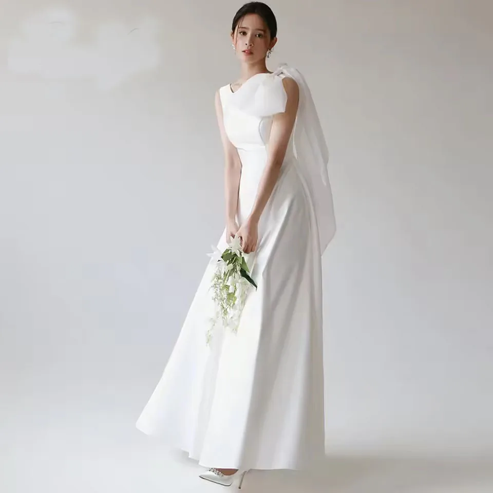 

ML Elegant Korean Wedding Dresses Scoop Collar Sleeveless Wedding Reception Dress Customzied Evening Party Gown Corset Back