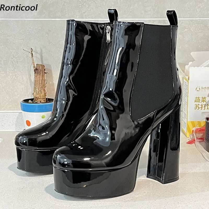 

Ronticool Handmade Women Platform Glossy Ankle Boots Chunky Heels Round Toe Black Outfitting Shoes Plus Size 35-52