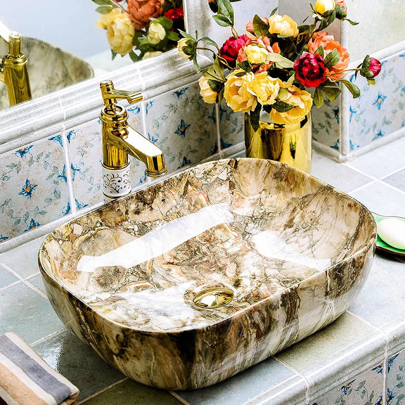 Chinese Cloakroom Counter Top porcelain wash basin bathroom sinks ceramic gold bathroom sink